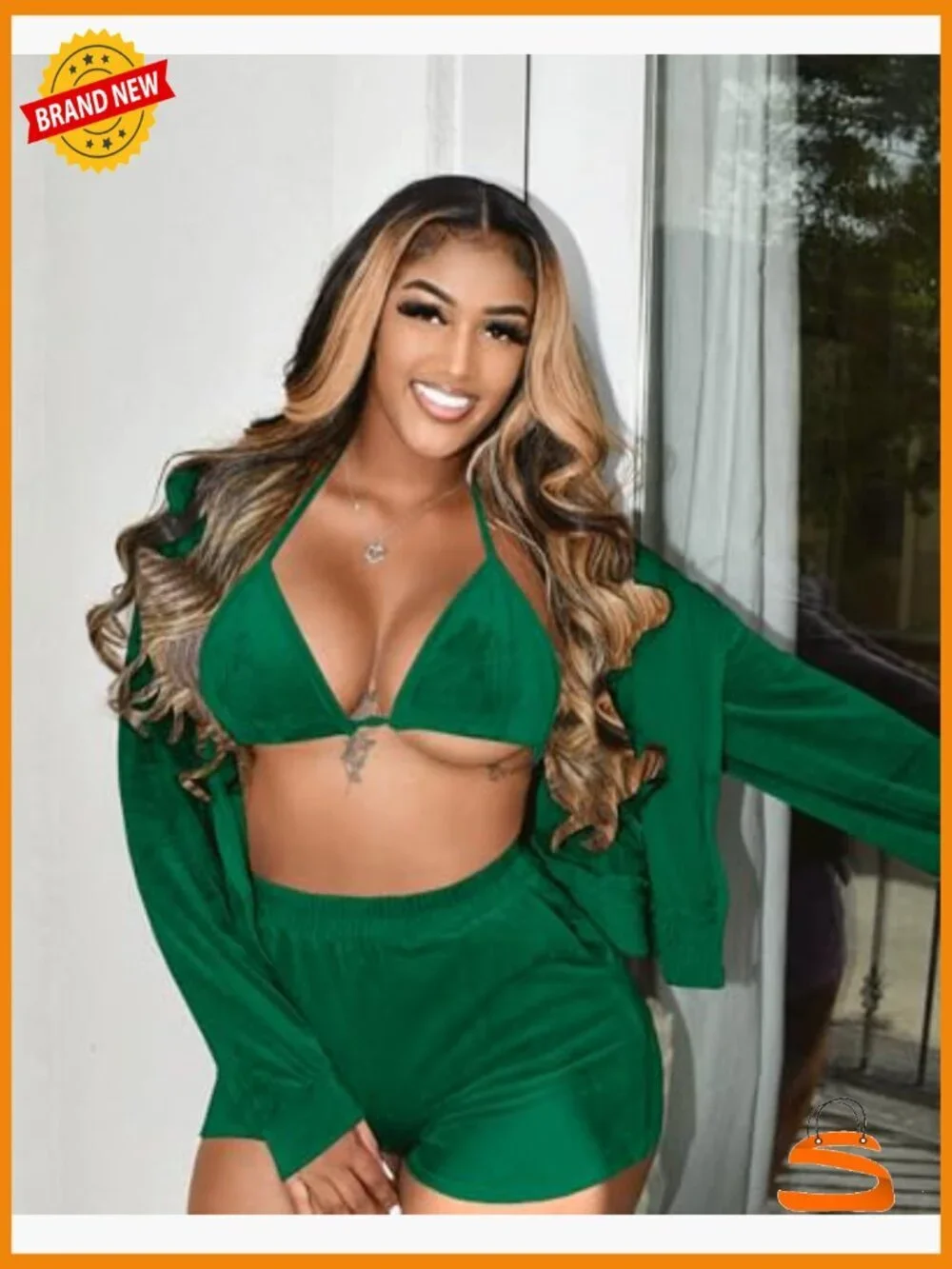 Womens 3 Piece Velour Lounge Set Hoodie Shorts Bra Sweatsuit Tracksuit